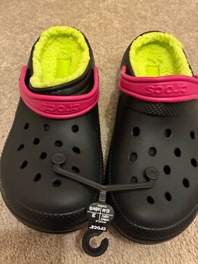 CROCS Black Slip-On Clogs with Pink Strap and Neon Yellow Lining